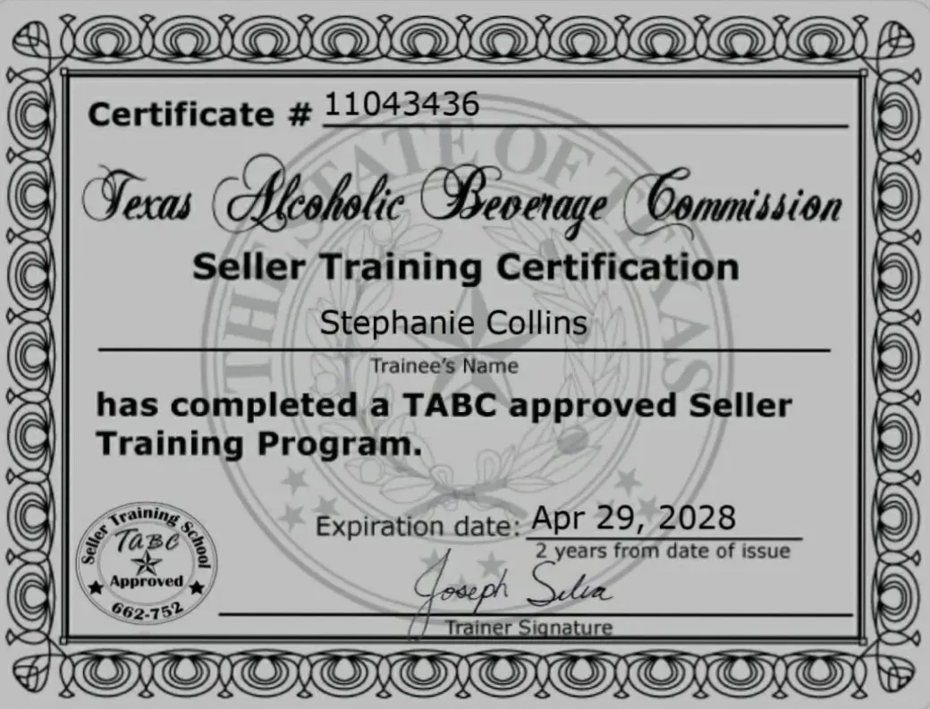 Texas Alcoholic Beverage Commission seller training certification issued to Stephanie Collins